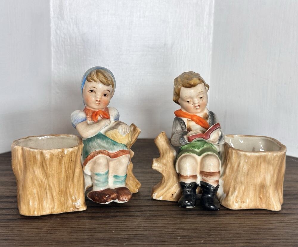 VTG Enesco Little Boy & Girl Read Planter Set 4.5 inch Cottagecore Grandmacore